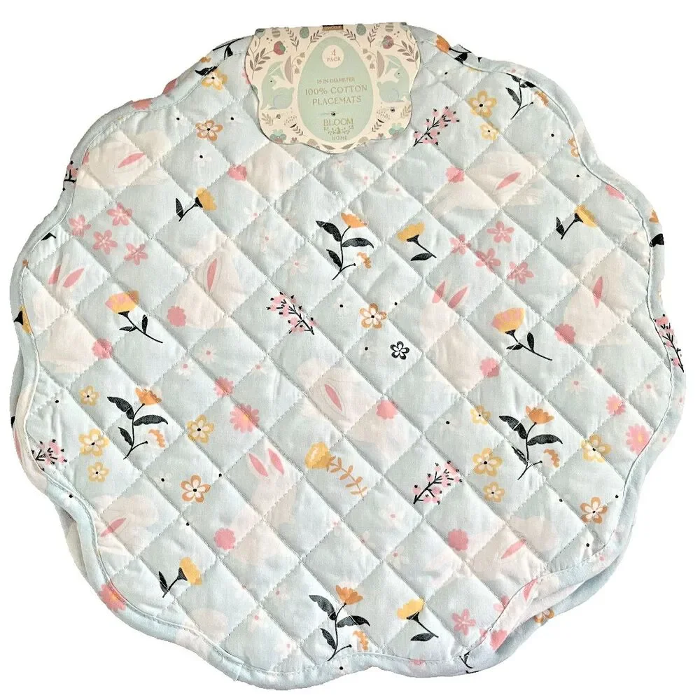 Bloom Home Easter Placemats Blue Floral Cotton Quilted Round Spring Set Of 4